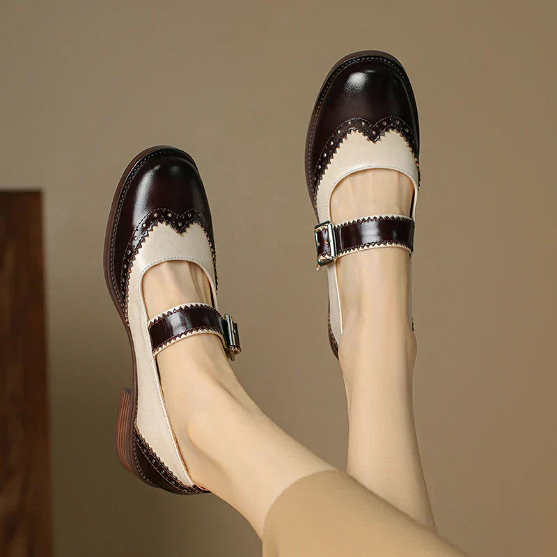 Women's Classic Mary Jane Shoes - Brogue Detail - Two-Tone Leather
