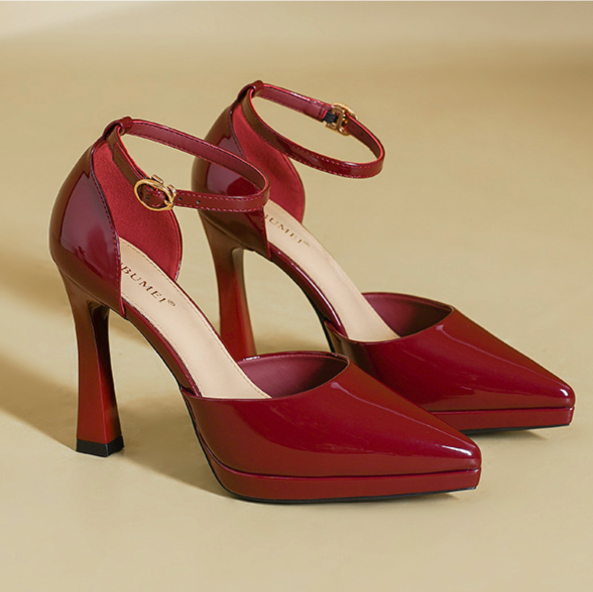 Women’s Patent Leather Ankle Strap High Heels – Elegant Pointed Toe Pumps