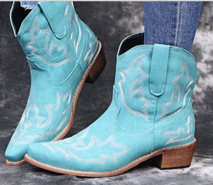 Women’s Embroidered Western Ankle Boots with Block Heel