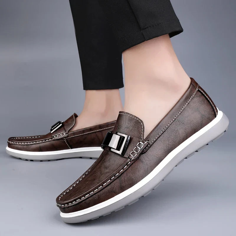 Men’s Almond Toe Slip-On Loafers with Metal Bit Detail and Flat Rubber Sole