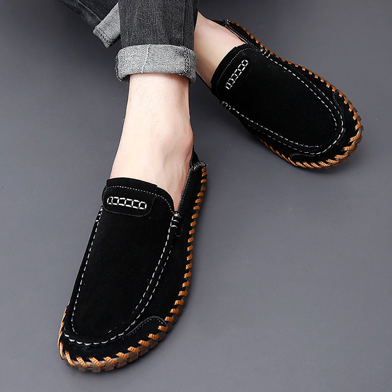 Men's Suede Slip-On Loafers - Rounded Toe - Stitched Moccasin Sole