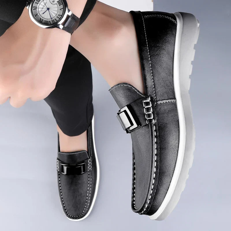 Men’s Almond Toe Slip-On Loafers with Metal Bit Detail and Flat Rubber Sole