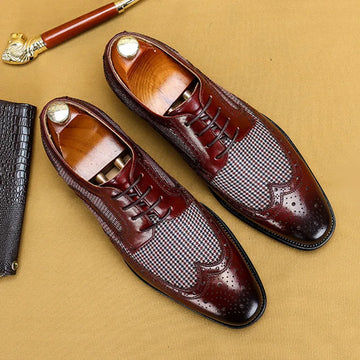 Men’s Lace-Up Leather Brogue Oxford Shoes with Almond Toe and Low Heel
