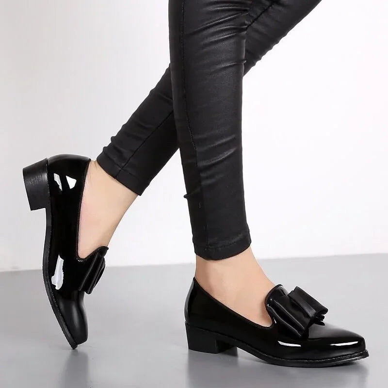 Women’s Faux-Leather Bow Loafers with Gloss Finish and Low Heel