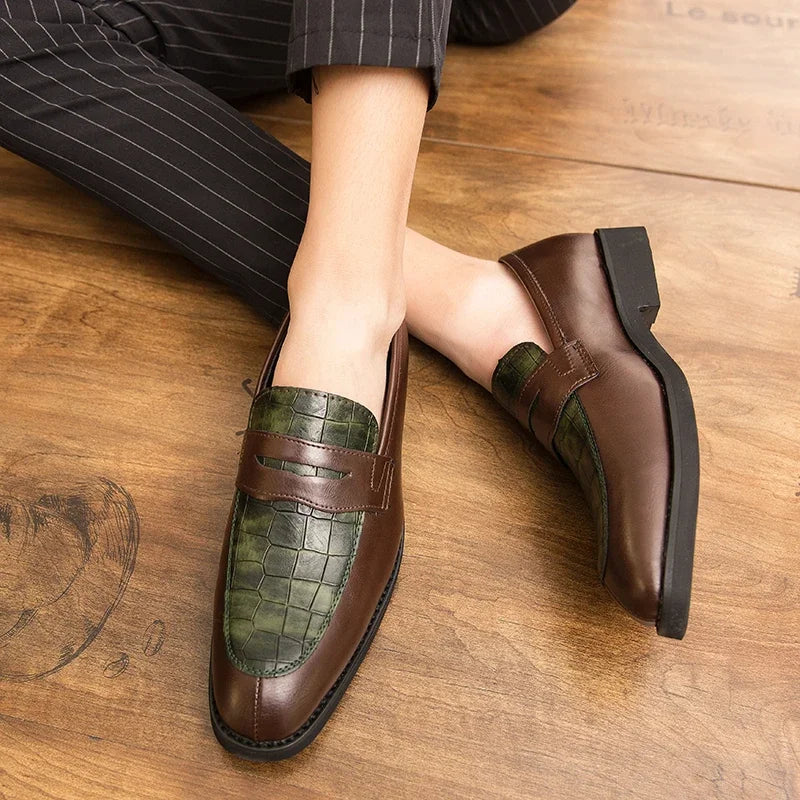 Men's Crocodile Embossed Penny Loafers - Slip-On Leather