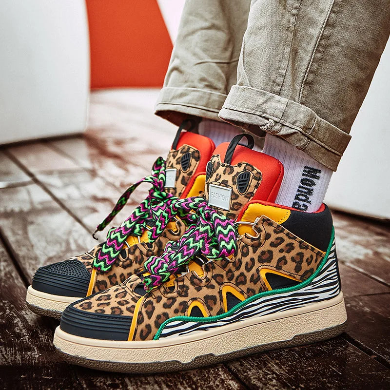 Unisex Leopard Print High-Top Sneakers with Bold Lace Detail