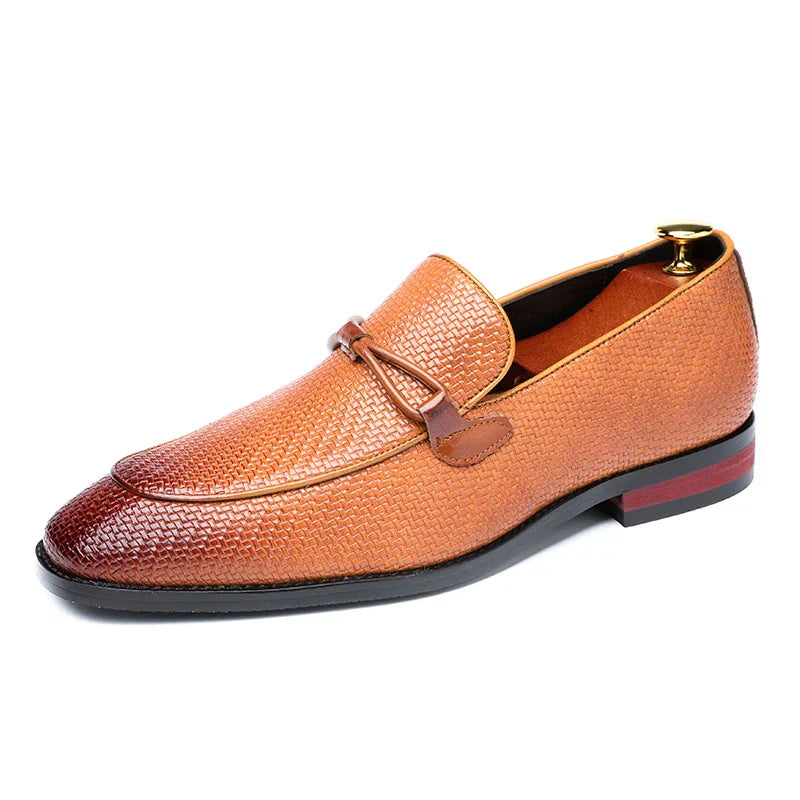 Men's Penny Loafers - Pointed Toe - Woven Texture Upper - Low Block Heel
