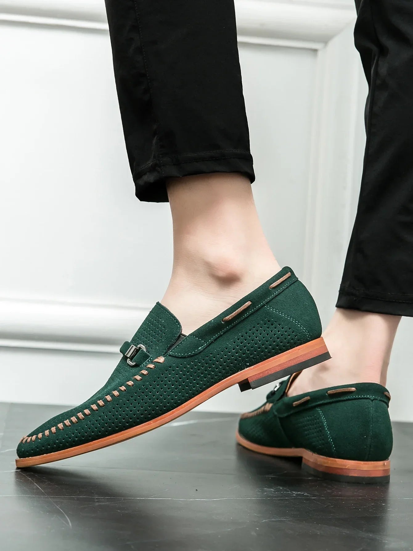 Men’s Slip-On Loafers with Almond Toe, Perforated Upper, and Flat Sole