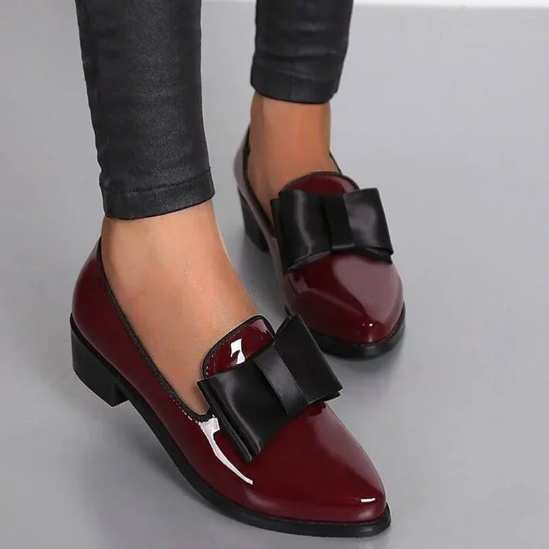 Women’s Faux-Leather Bow Loafers with Gloss Finish and Low Heel