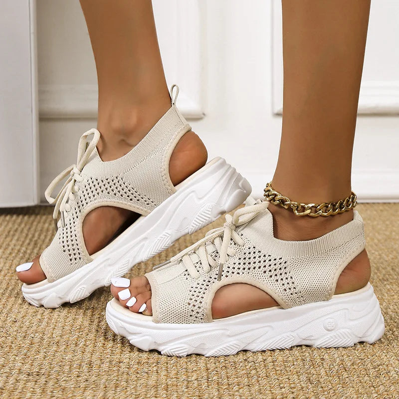 Women's Open-Toe Knit Mesh Lace-Up Platform Sandals