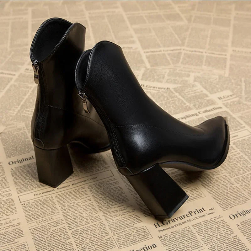 Women’s Ankle Boots with Pointed Toe, Block Heel, and Metallic Toe Detail