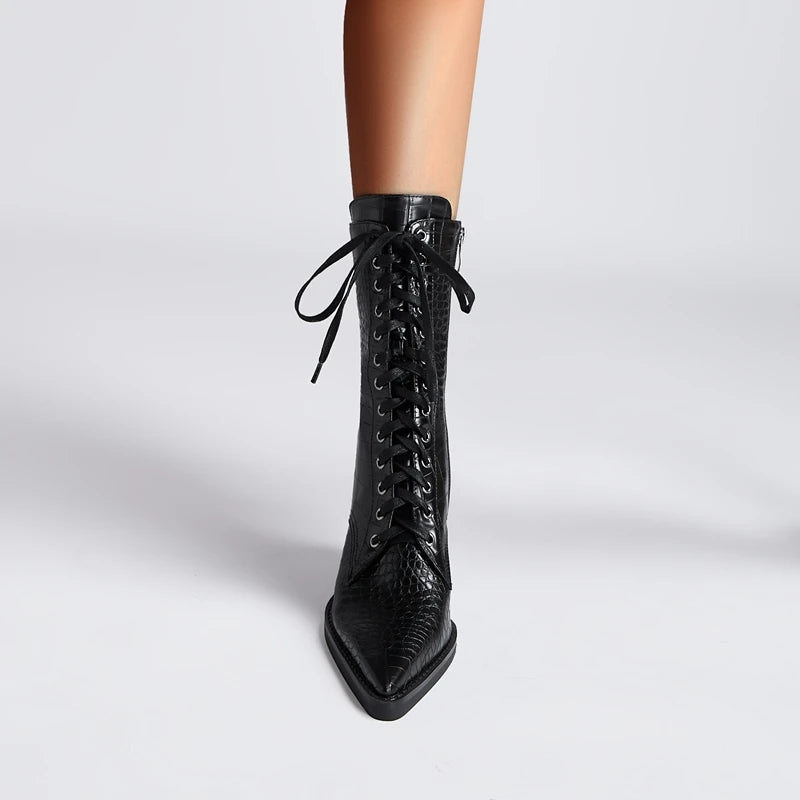 Women’s Faux-Leather Lace-Up Pointed-Toe Boots with Croc Texture and Block Heel