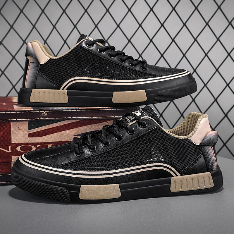 Men’s Lace-Up Mesh Sneakers with Rounded Toe and Flat Rubber Sole