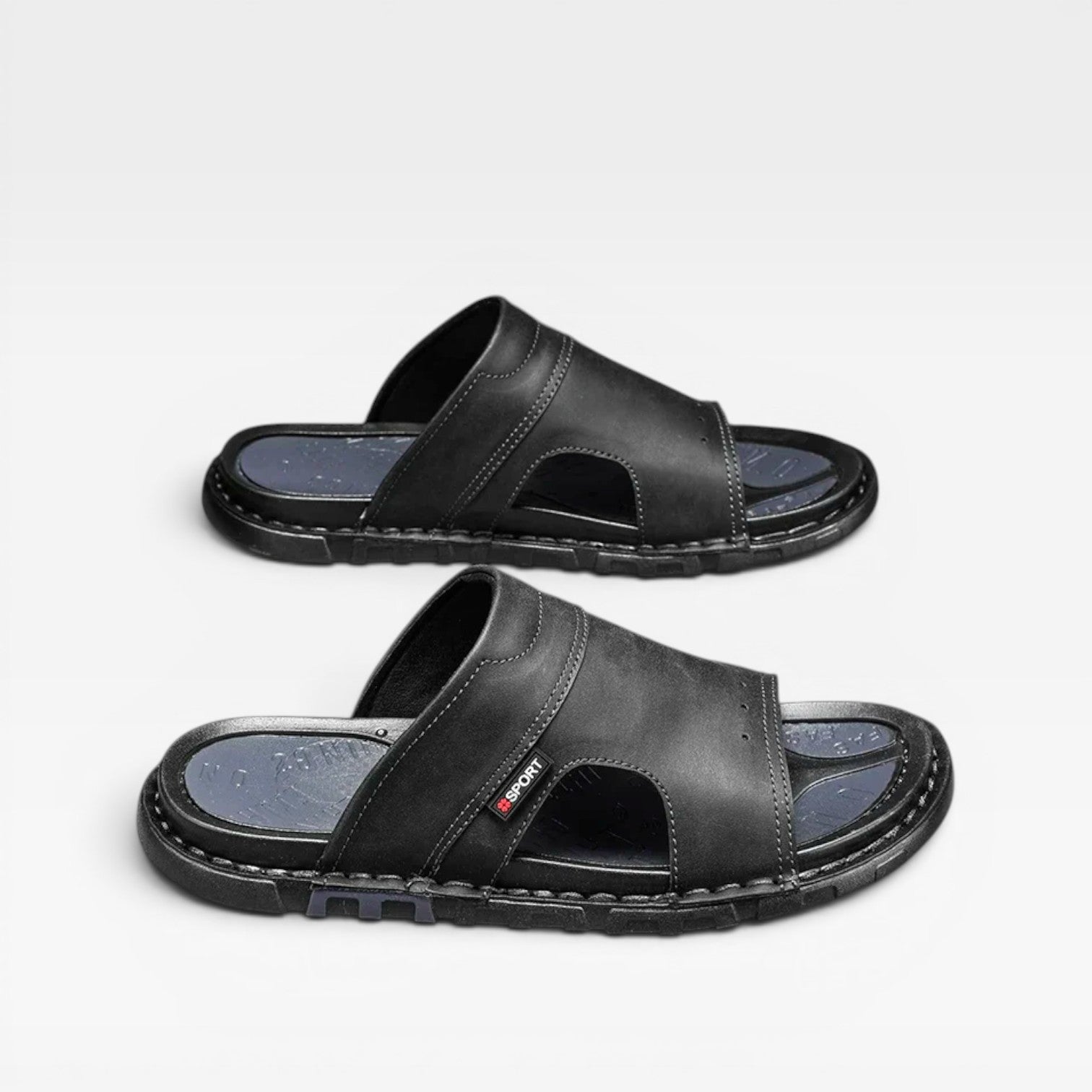 Men's Slide Sandals Leather Open Toe Slip-On Flat Sole
