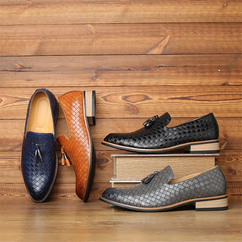Men’s Woven Texture Slip On Loafers – Low Heel Closed Toe Shoes - Tassel Detailing