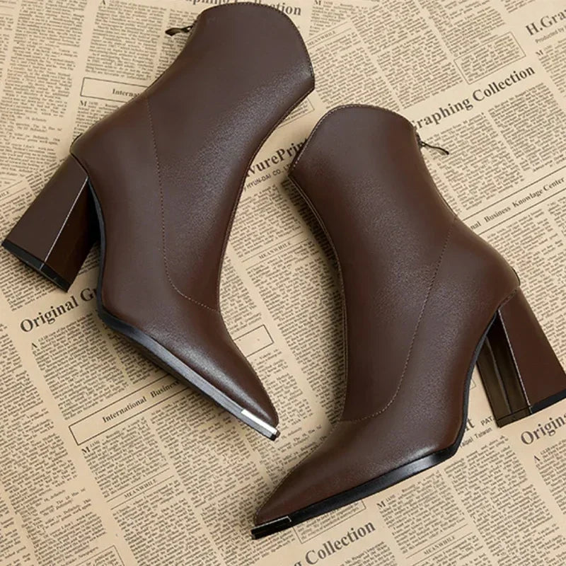 Women’s Ankle Boots with Pointed Toe, Block Heel, and Metallic Toe Detail