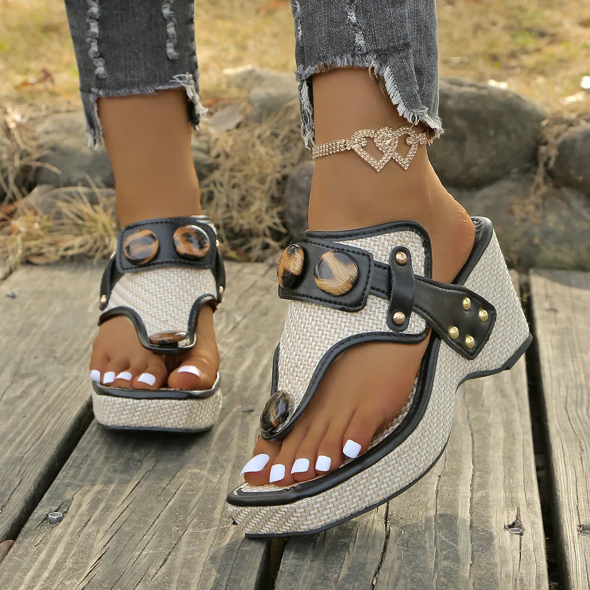 Women's Wedge Sandals - Open Toe Thong Slip-On with Platform Sole