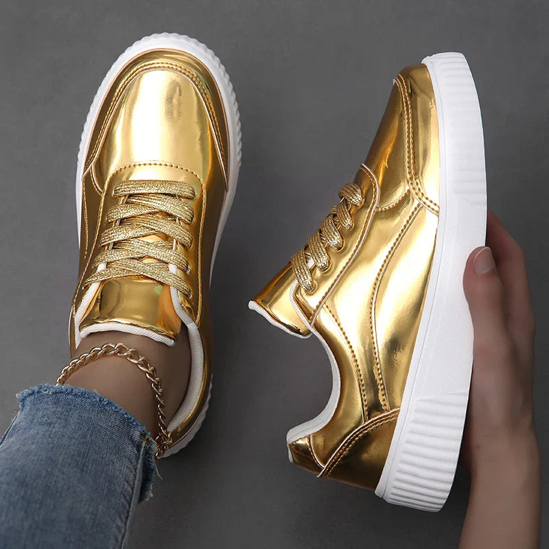 Women's Metallic Platform Sneakers - Round Toe Lace-Up Low-Top