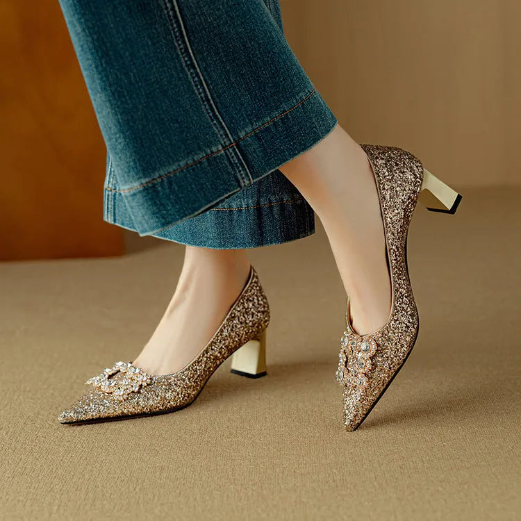 Women's Glitter Pumps - Pointed Toe - Rhinestone Detail - Block Heel