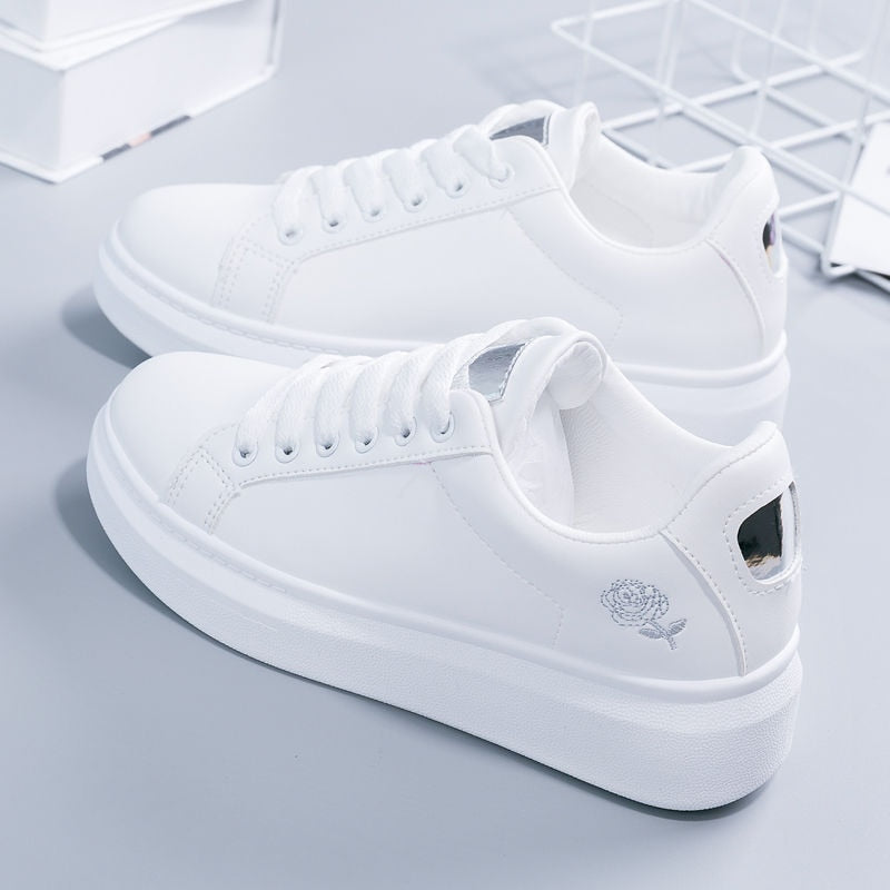 Women's Rose Embroidered Platform Sneakers - Lace-Up Low-Top