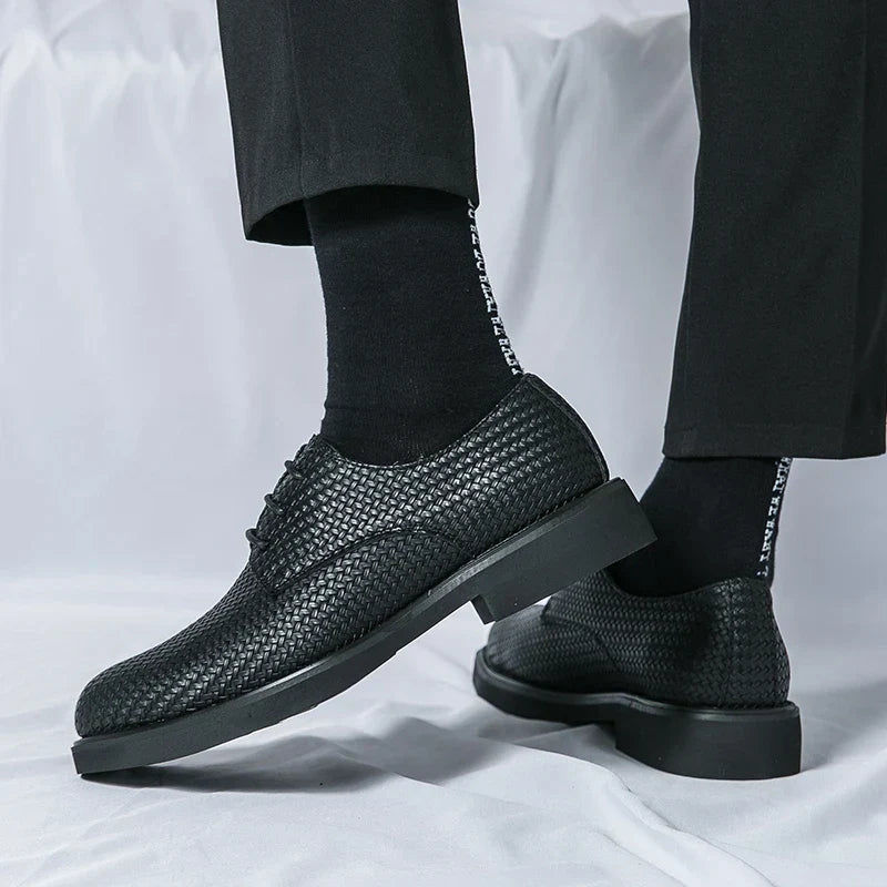 Men's Oxford Dress Shoes - Round Toe - Woven Texture Upper - Lace-Up - Black