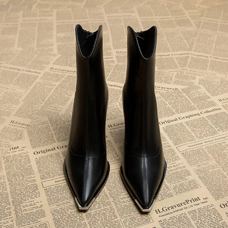 Women’s Ankle Boots with Pointed Toe, Block Heel, and Metallic Toe Detail