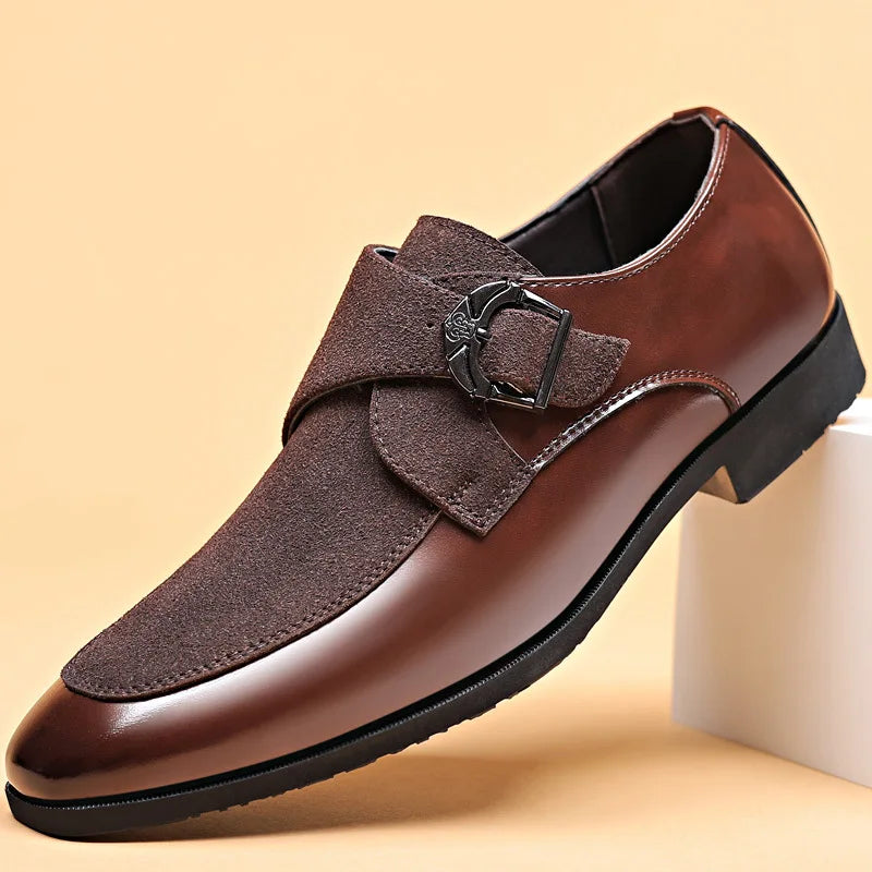 Men’s Almond Toe Monk Strap Dress Shoes with Buckle Closure and Low Block Heel