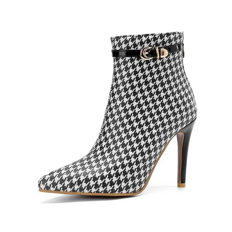 Women's Houndstooth Ankle Boots - Pointed Toe Stiletto Heels