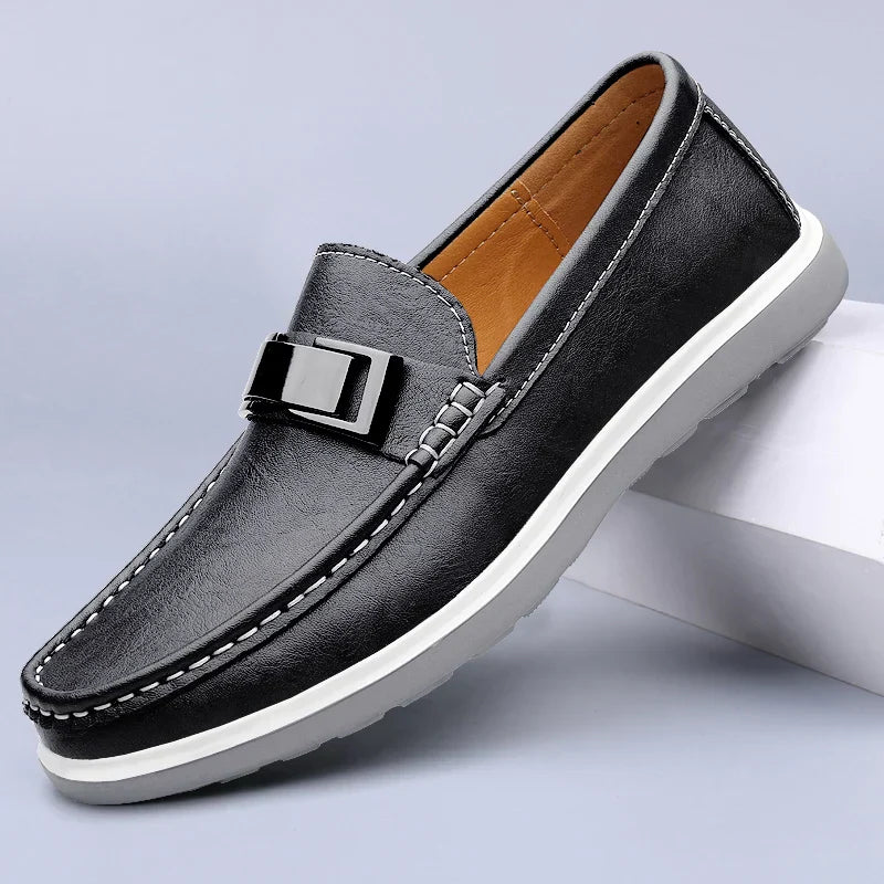 Men’s Almond Toe Slip-On Loafers with Metal Bit Detail and Flat Rubber Sole