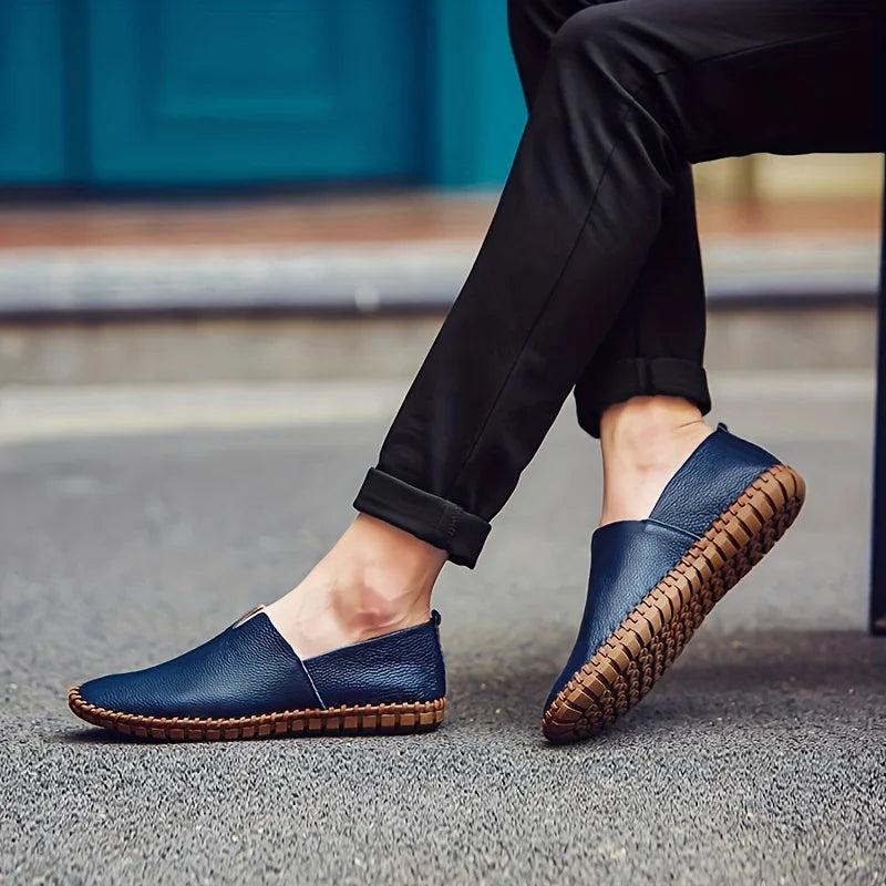 Men’s Slip-On Leather Summer Loafers with Almond Toe and Stitched Flat Sole