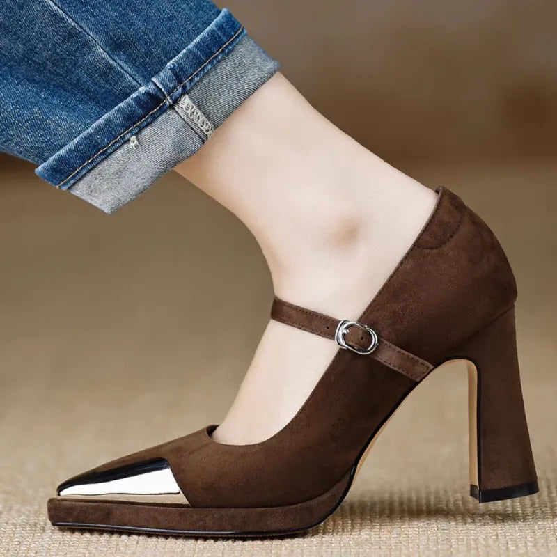 Women's Mary Jane Heels - Block Heel - Metal Toe Cap - Ankle Strap