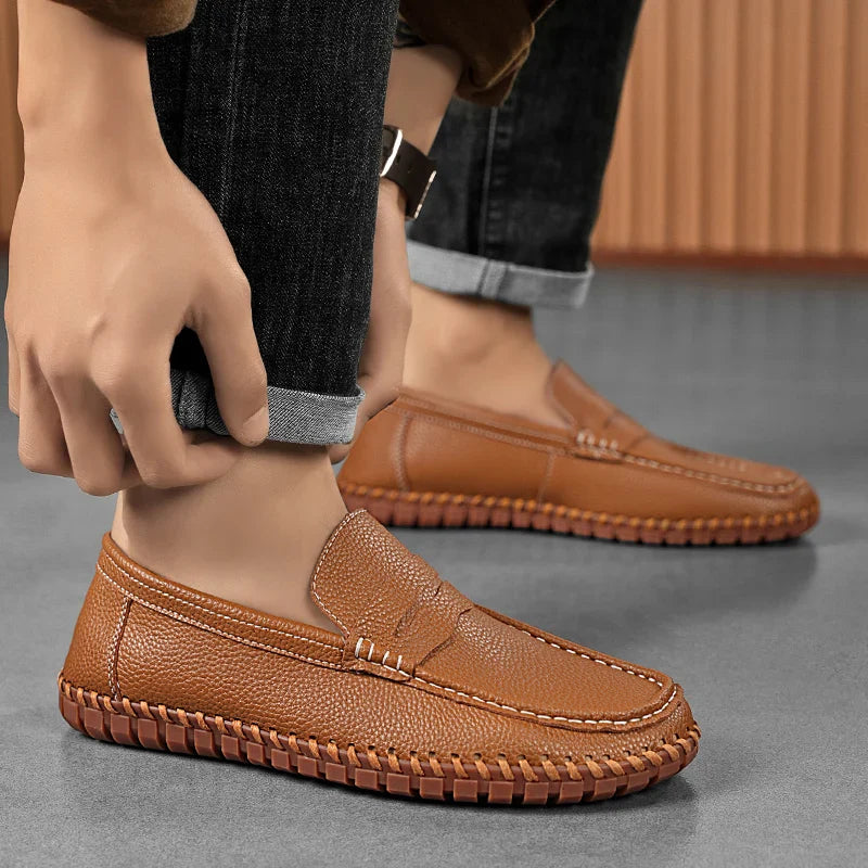 Men's Genuine Leather Penny Loafers - Hand-Stitched Slip-On