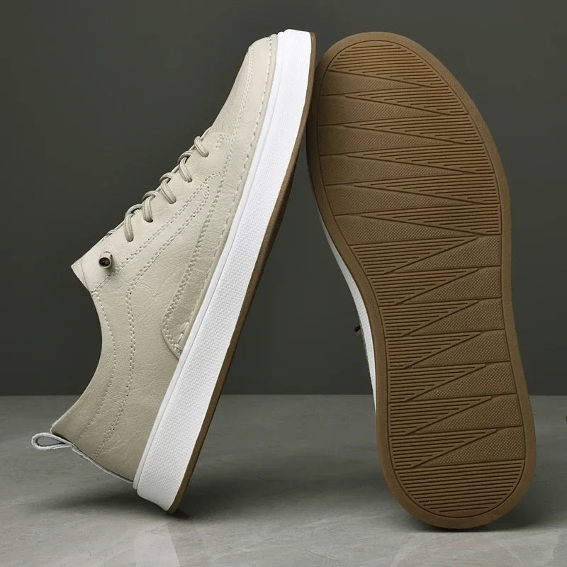 Men's Leather Low-Top Sneakers - Lace-Up Moc-Toe White Sole