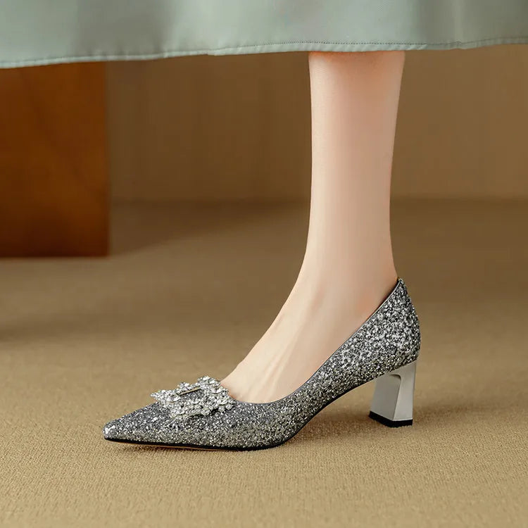 Women's Glitter Pumps - Pointed Toe - Rhinestone Detail - Block Heel