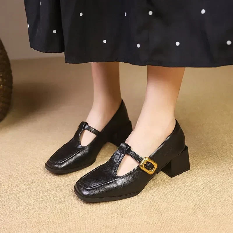 Women's Square Toe T-Bar Mary Jane Heels - Block Heel - Buckle