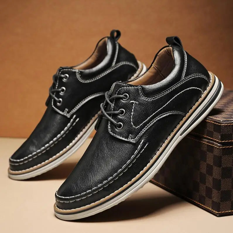 Men’s Rounded Toe Lace-Up Casual Shoes with Moc Stitching and Flat Rubber Sole