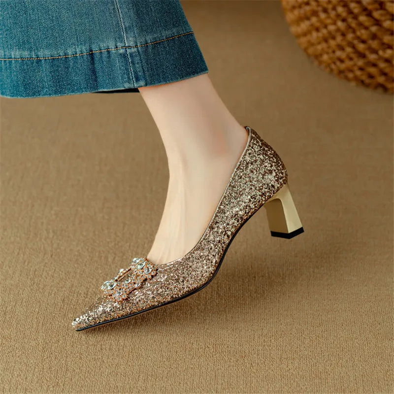 Women's Glitter Pumps - Pointed Toe - Rhinestone Detail - Block Heel