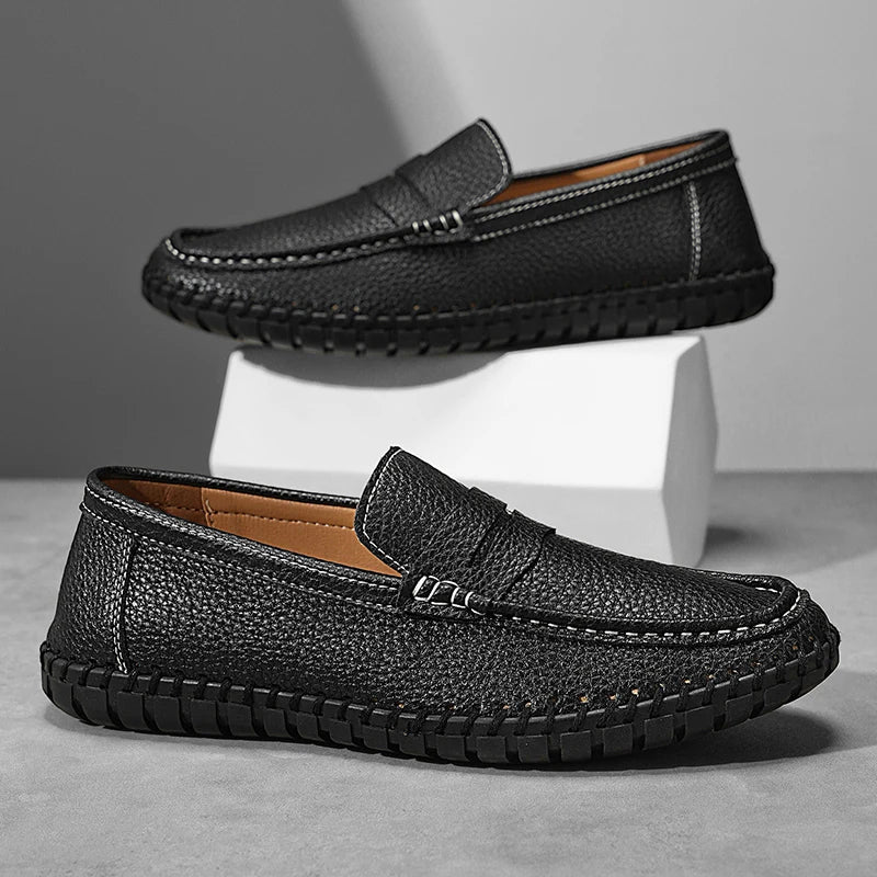Men's Genuine Leather Penny Loafers - Hand-Stitched Slip-On
