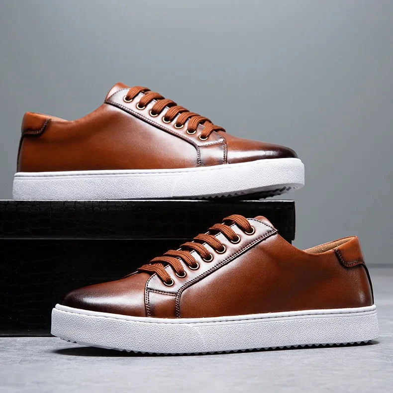 Men’s Faux Leather Low-Top Lace-Up Sneakers with White Rubber Sole