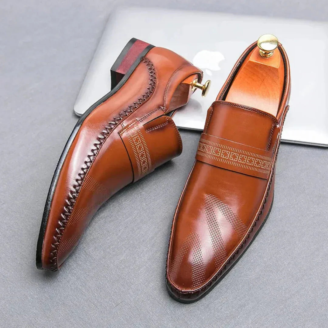 Men’s Leather Penny Loafers with Square-Almond Toe and Low Block Heel