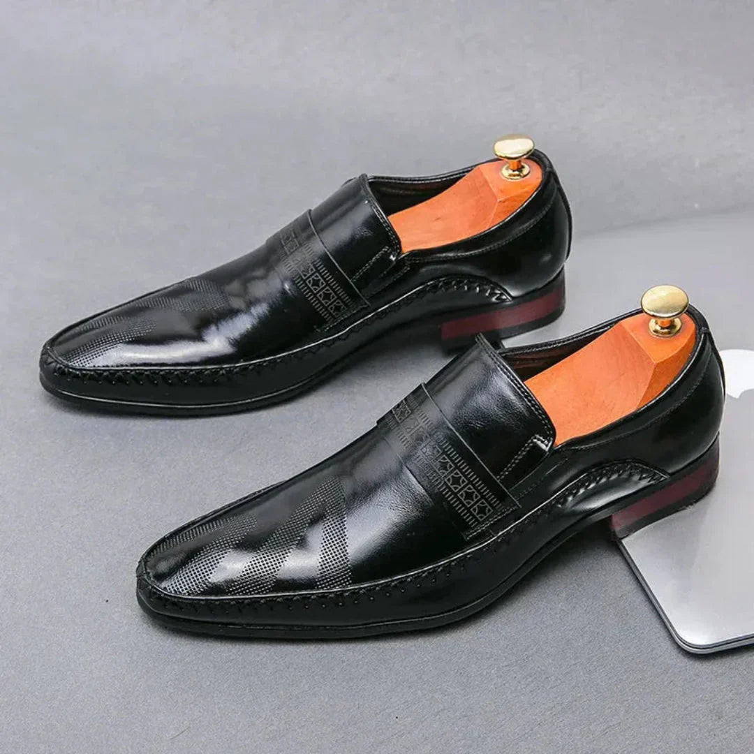 Men’s Leather Penny Loafers with Square-Almond Toe and Low Block Heel