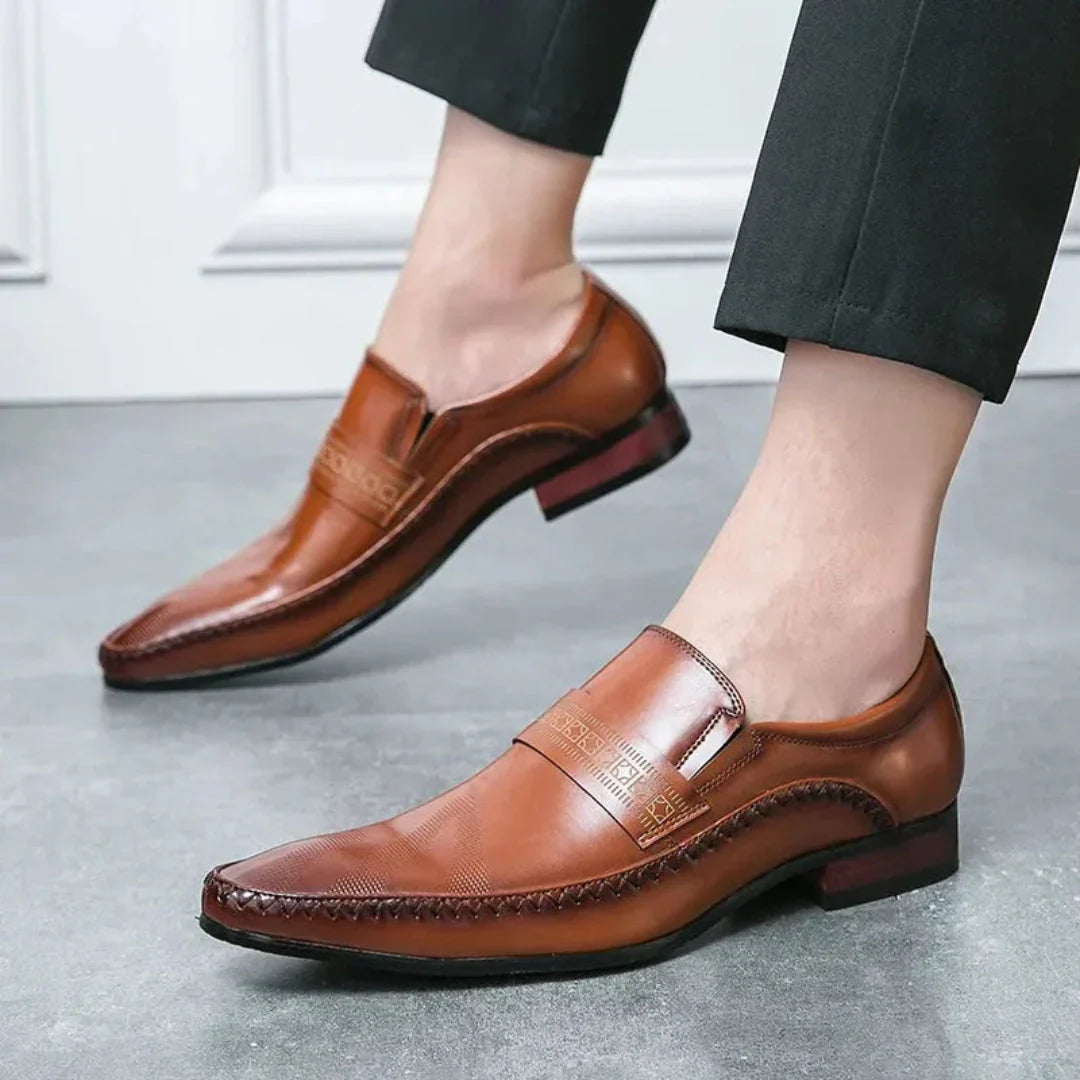 Men’s Leather Penny Loafers with Square-Almond Toe and Low Block Heel