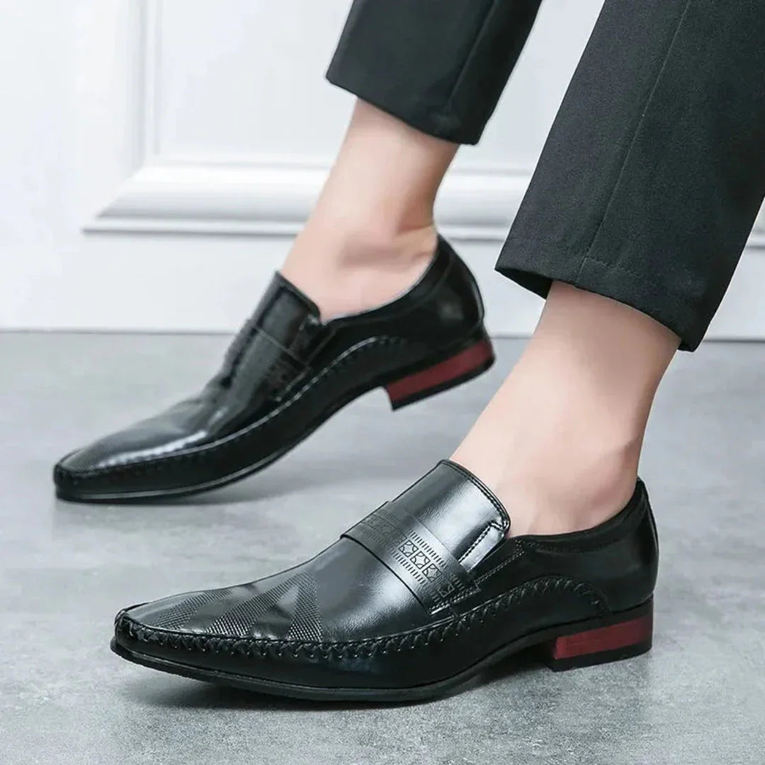 Men’s Leather Penny Loafers with Square-Almond Toe and Low Block Heel
