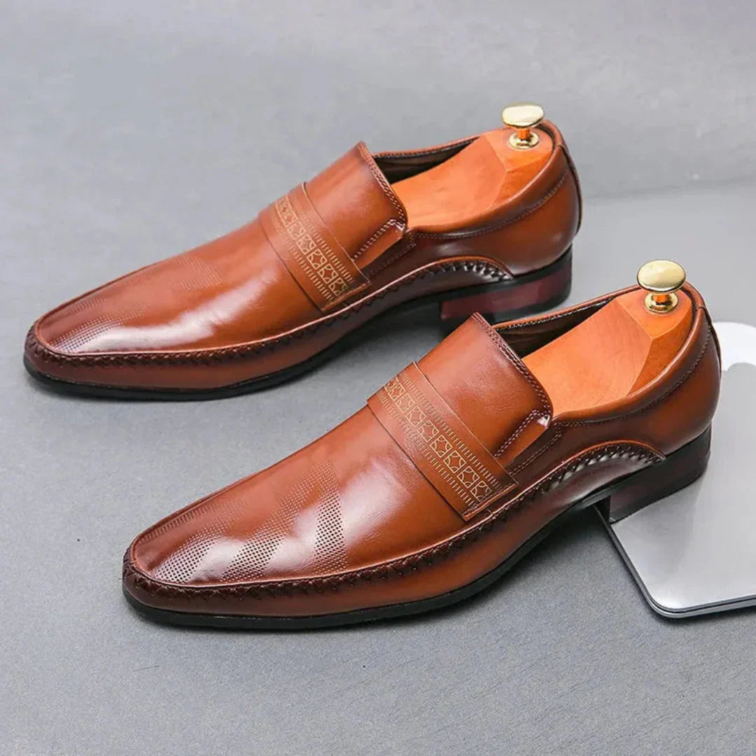 Men’s Leather Penny Loafers with Square-Almond Toe and Low Block Heel