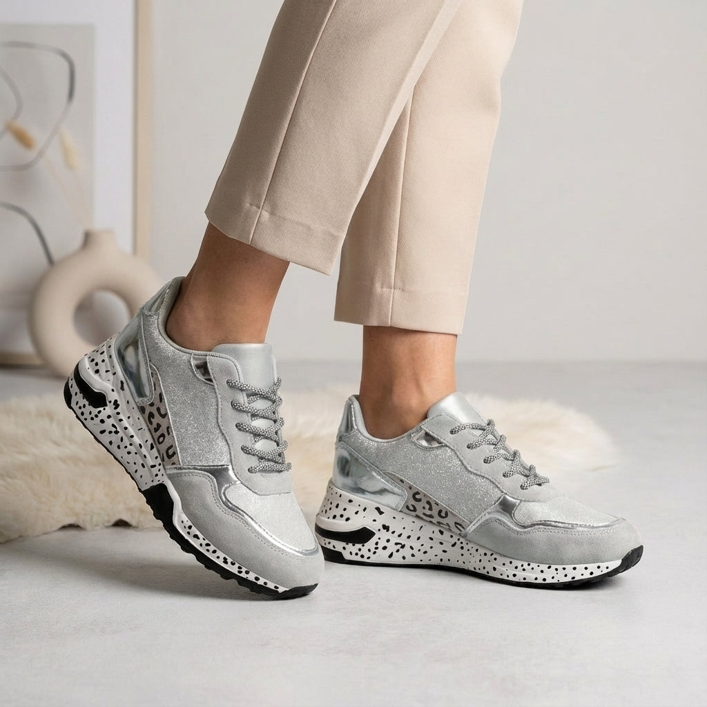 Women's Chunky Sneakers - Low Top Lace-Up - Glitter and Metallic Panel Upper - Spotted Print Platform Sole