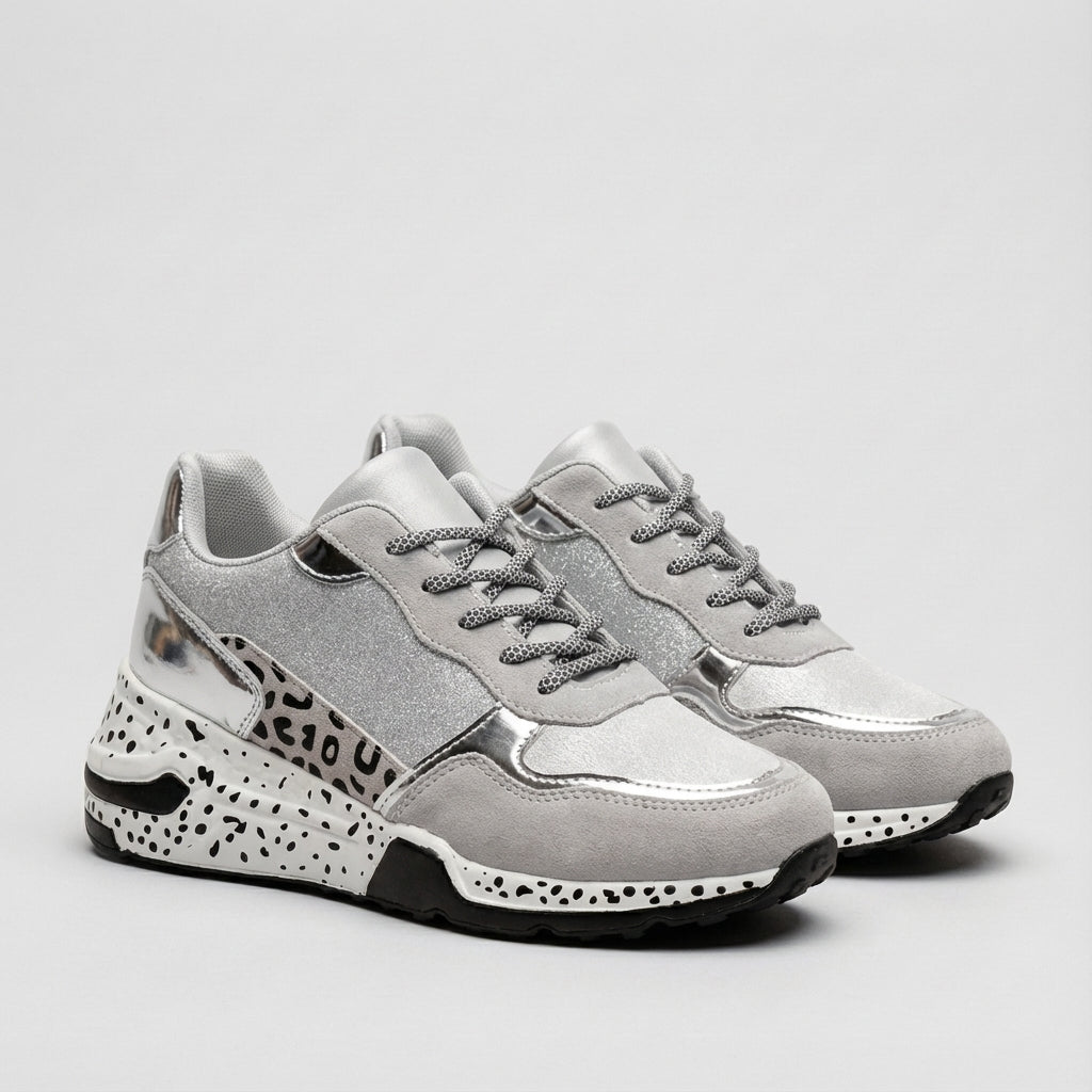 Women's Chunky Sneakers - Low Top Lace-Up - Glitter and Metallic Panel Upper - Spotted Print Platform Sole