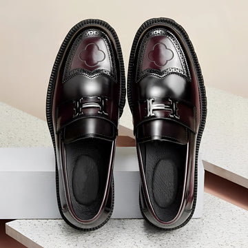 Men's Burgundy Leather Buckle Loafers - Chunky Lug Sole - Metal Bit
