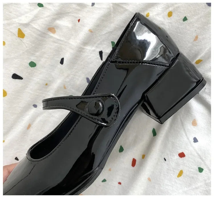 Women’s Vegan Leather Patent Mary Jane Heels with Strap and Block Heel