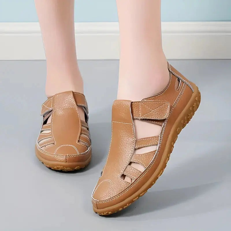 Women’s Closed-Toe Cutout Sandals with Hook-and-Loop Strap and Flat Sole