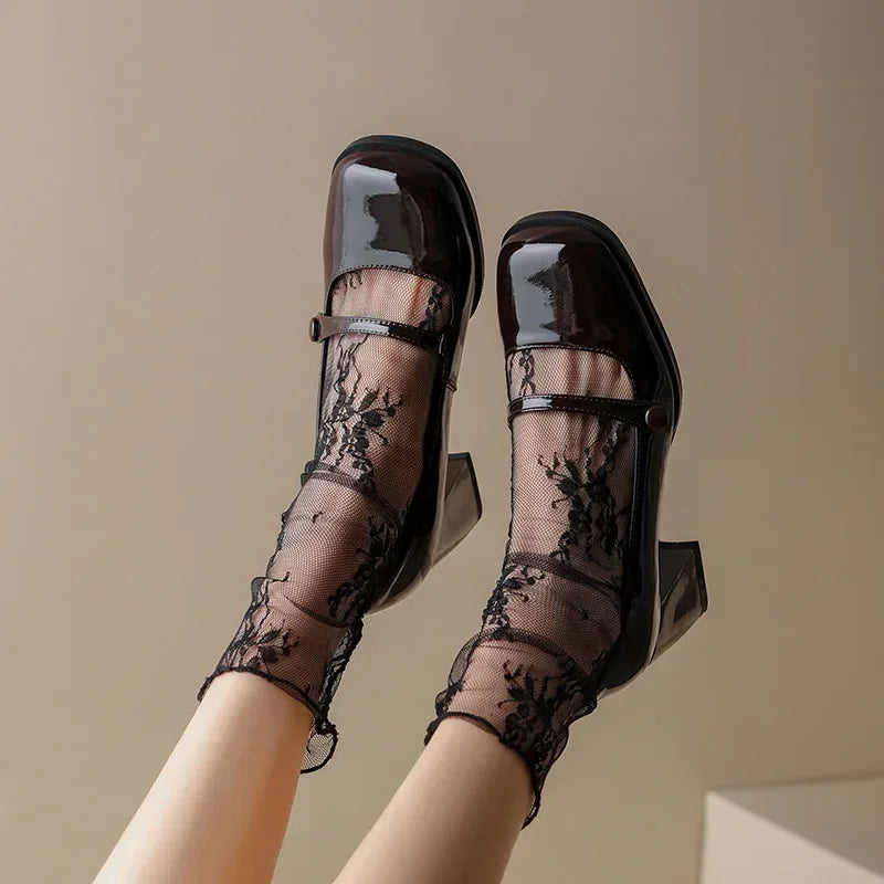 Women's Lace Overlay Ankle Boots - Block Heel - Mary Jane